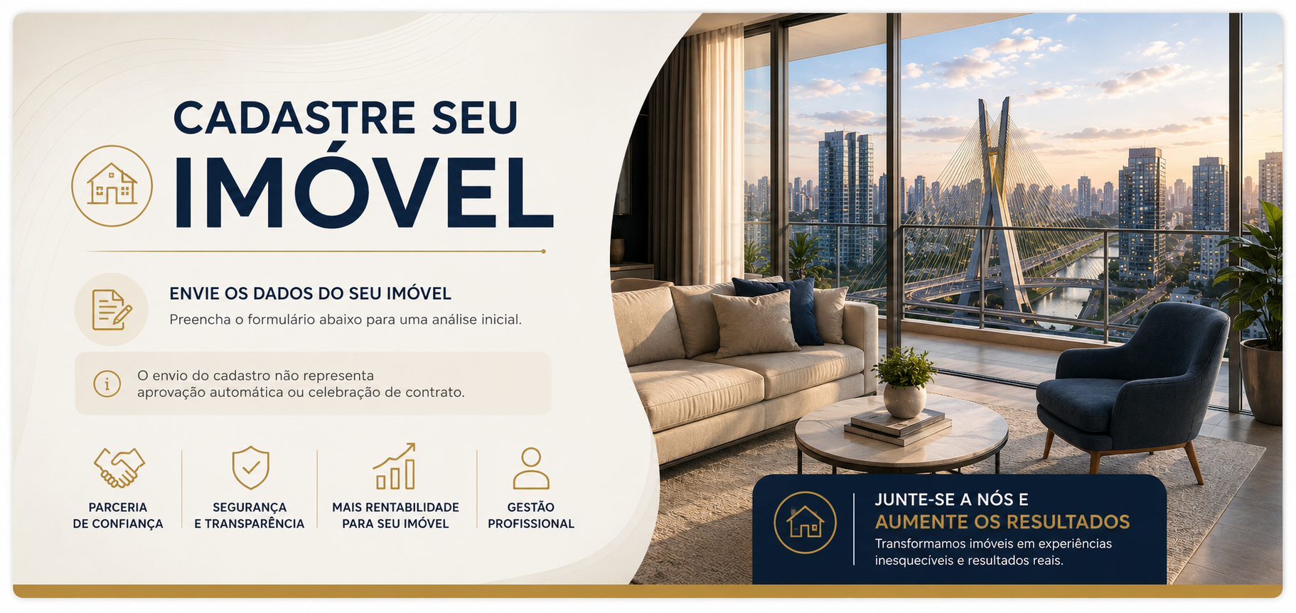 Banner Cadastre seu Imóvel - parceria de confiança, segurança e transparência, mais rentabilidade e gestão profissional