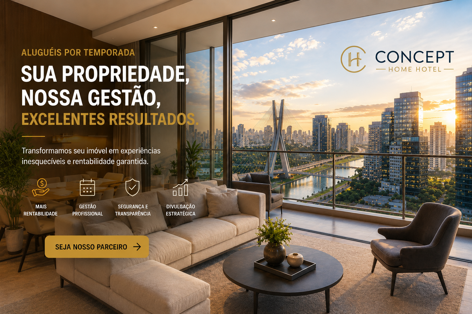 Sala de estar moderna com vista panorâmica de São Paulo ao entardecer, ilustrando a gestão de imóveis da Concept Home Hotel