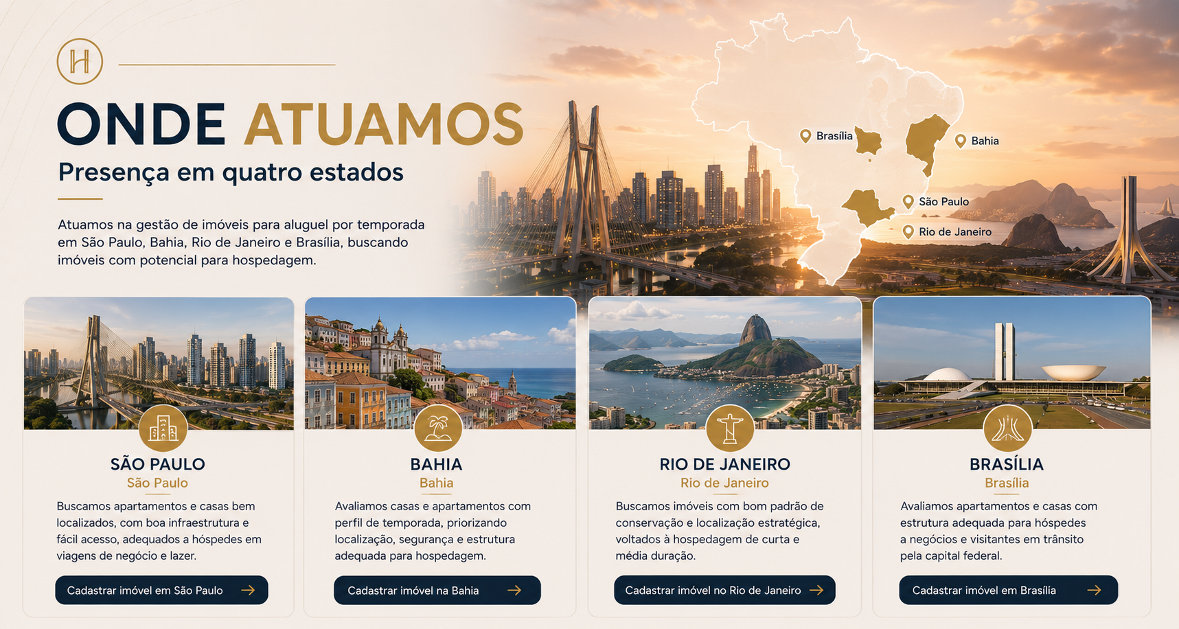 Onde Atuamos - Concept Home Hotel, presença em quatro estados: São Paulo, Bahia, Rio de Janeiro e Brasília